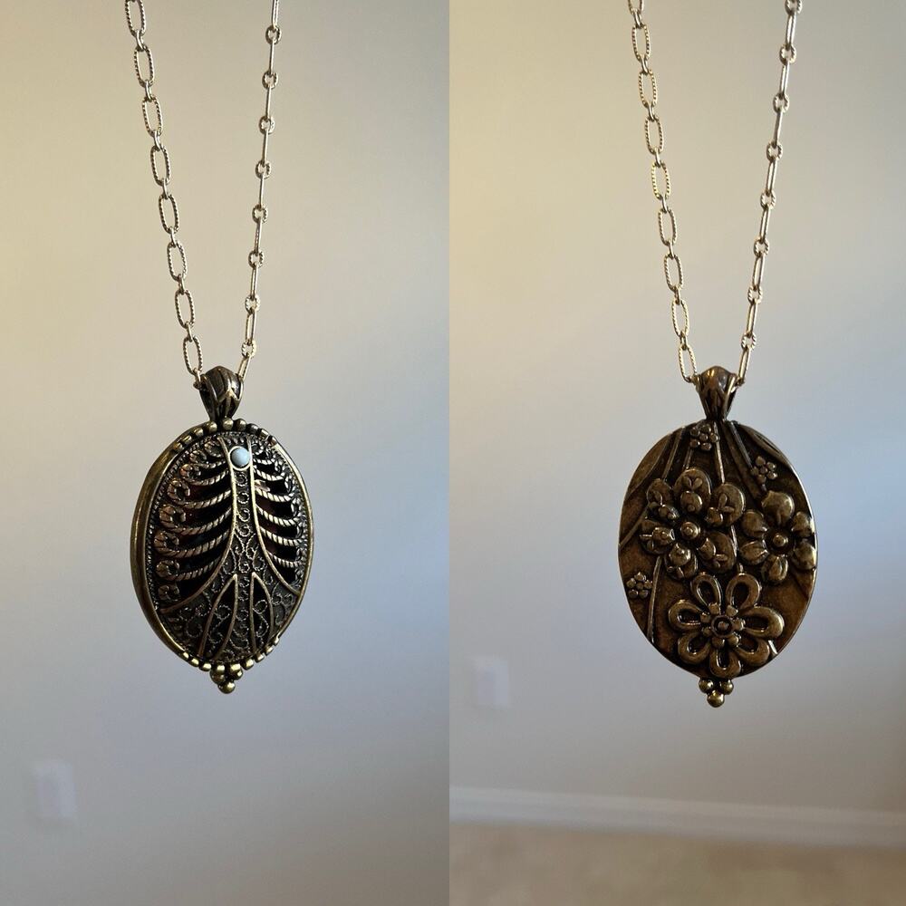Vintage Antique Bronze Reversible Medallion Necklace Long Flower Domed Cage 40”